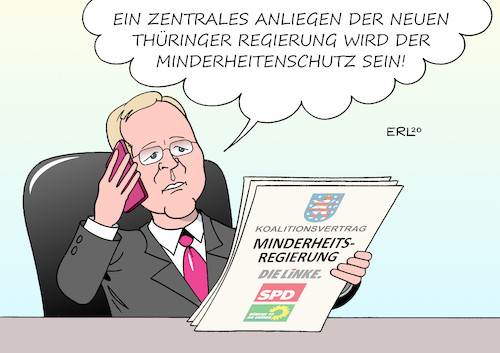 Cartoon: Regierung Thüringen (medium) by Erl tagged thüringen,landtagswahl,erstarken,afd,regierungsbildung,schwierig,minderheitsregierung,linke,grüne,spd,ministerpräsident,bodo,ramelow,schutz,minderheit,karikatur,erl,thüringen,landtagswahl,erstarken,afd,regierungsbildung,schwierig,minderheitsregierung,linke,grüne,spd,ministerpräsident,bodo,ramelow,schutz,minderheit,karikatur,erl