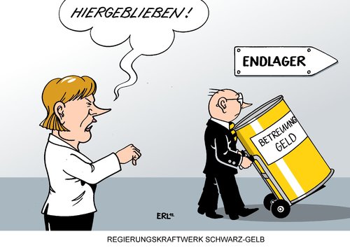 Cartoon: Regierungskraftwerk Schwarz-Gelb (medium) by Erl tagged regierung,koalition,schwarz,gelb,cdu,csu,fdp,streit,betreuungsgeld,machtwort,bundeskanzlerin,angela,merkel,kraftwerk,atomkraftwerk,atomenergie,atommüll,endlager,suche,gorleben,regierung,koalition,schwarz,gelb,cdu,csu,fdp,streit,betreuungsgeld,machtwort,bundeskanzlerin,merkel,kraftwerk,atomkraftwerk,atomenergie,gorleben,atommüll,endlager