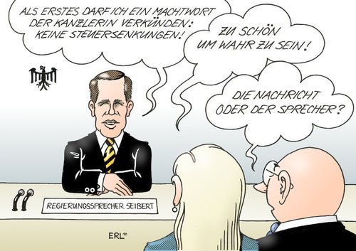 Cartoon: Regierungssprecher (medium) by Erl tagged regierungssprecher,seibert,nachrichtensprecher,heute,zdf,kanzlerin,merkel,machtwort,steuersenkungen,schön,wahr,pressekonferenz,regierungssprecher,seibert,nachrichtensprecher,heute,kanzlerin,zdf,angela merkel,steuersenkungen,schön,wahr,machtwort,pressekonferenz,angela,merkel