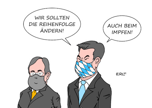 Cartoon: Reihenfolge (medium) by Erl tagged politik,corona,virus,pandemie,covid19,impfung,impfstoff,astrazeneca,ladenhüter,vorschlag,ministerpräsident,bayern,markus,söder,csu,änderung,impfreihenfolge,reihenfolge,konkurrenz,frage,kanzlerkandidat,union,armin,laschet,nrw,cdu,vorsitz,karikatur,erl,politik,corona,virus,pandemie,covid19,impfung,impfstoff,astrazeneca,ladenhüter,vorschlag,ministerpräsident,bayern,markus,söder,csu,änderung,impfreihenfolge,reihenfolge,konkurrenz,frage,kanzlerkandidat,union,armin,laschet,nrw,cdu,vorsitz,karikatur,erl