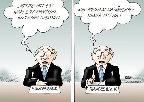 Cartoon: Rente (medium) by Erl tagged rente,mit,69,bundesbank,arbeit,arbeiten,lebensarbeitszeit,rente,69,bundesbank,arbeit,arbeiten,lebensarbeitszeit,vorsorge,rentner,senioren,finanzen,job,beruf,geld,bank