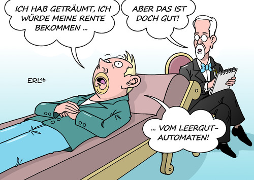 Cartoon: Rentenangst (medium) by Erl tagged rente,alter,altersarmut,angst,unsicherheit,flaschensammeln,pfandflaschen,leergutautomat,rentner,beitragszahler,jung,alt,psychoanalyse,couch,traum,traumdeutung,karikatur,erl,rente,alter,altersarmut,angst,unsicherheit,flaschensammeln,pfandflaschen,leergutautomat,rentner,beitragszahler,jung,alt,psychoanalyse,couch,traum,traumdeutung,karikatur,erl