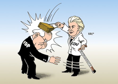 Cartoon: Rentengarantie (medium) by Erl tagged rentengarantie,abschaffung,brüderle,fdp,von,der,leyen,cdu,rentengarantie,abschaffung,brüderle,fdp,von der leyen,cdu,renten,rentenempfänger,senioren,rentner,von,der,leyen