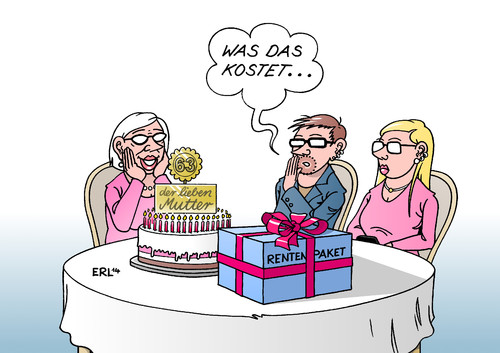 Cartoon: Rentenpaket (medium) by Erl tagged kinder,mutter,63,mit,rente,mütterrente,spd,csu,cdu,koalition,große,rentenpaket,geschenk,päckchen,torte,geburtstag,faktor,wandel,demografischer,kosten,teuer,generation,rentenpaket,große,koalition,cdu,csu,spd,mütterrente,rente,mit,63,mutter,kinder,generation,teuer,kosten,demografischer,wandel,faktor,geburtstag,torte,päckchen,geschenk