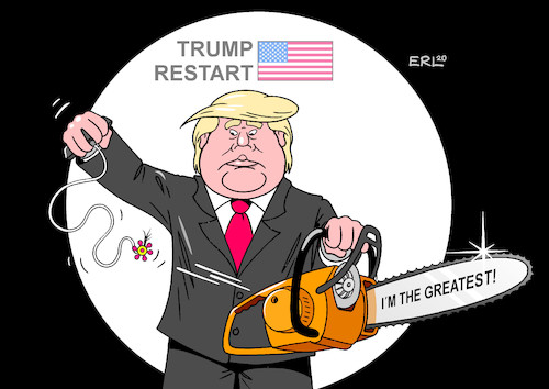 Cartoon: Restart (medium) by Erl tagged politik,usa,präsident,donald,trump,neustart,wahlkampf,corona,virus,pandemie,versagen,umfragewerte,veranstaltung,besucher,angst,ansteckung,kettensäge,motor,seilzug,starter,gerissen,karikatur,erl,politik,usa,präsident,donald,trump,neustart,wahlkampf,corona,virus,pandemie,versagen,umfragewerte,veranstaltung,besucher,angst,ansteckung,kettensäge,motor,seilzug,starter,gerissen,karikatur,erl