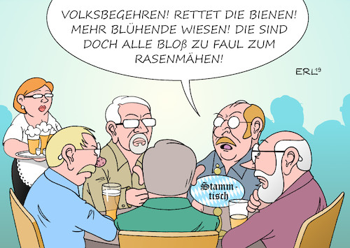 Cartoon: Rettet die Bienen (medium) by Erl tagged politik,bayern,volksbegehren,rettet,die,bienen,quorum,artenvielfalt,ökologische,landwirtschaft,ökolandbau,pestizide,wiesen,mähen,rasenmähen,stammtisch,mensch,tier,pflanze,ökologie,umweltschutz,ökonomie,agrarindustrie,karikatur,erl,politik,bayern,volksbegehren,rettet,die,bienen,quorum,artenvielfalt,ökologische,landwirtschaft,ökolandbau,pestizide,wiesen,mähen,rasenmähen,stammtisch,mensch,tier,pflanze,ökologie,umweltschutz,ökonomie,agrarindustrie,karikatur,erl