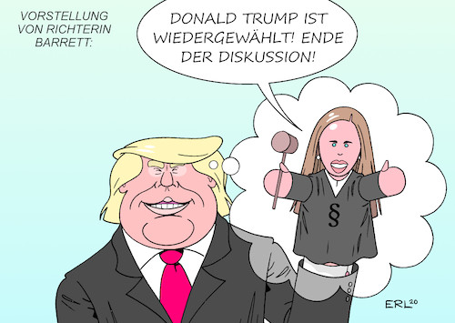 Cartoon: Richterin Barrett (medium) by Erl tagged politik,usa,wahl,präsident,wahlkampf,besetzung,eilverfahren,richterin,stelle,supreme,court,amy,coney,barrett,konservativ,erzkonservativ,religiös,justiz,aufarbeitung,präsidentschaftswahl,entscheidung,juristisch,vorteil,donald,trump,handpuppe,karikatur,erl,politik,usa,wahl,präsident,wahlkampf,besetzung,eilverfahren,richterin,stelle,supreme,court,amy,coney,barrett,konservativ,erzkonservativ,religiös,justiz,aufarbeitung,präsidentschaftswahl,entscheidung,juristisch,vorteil,donald,trump,handpuppe,karikatur,erl