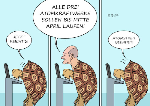 Cartoon: Richtlinienkompetenz (medium) by Erl tagged politik,krieg,russland,ukraine,gas,knappheit,verteuerung,winter,frieren,ampel,streit,verlängerung,laufzeit,atomkraftwerke,fdp,christian,lindner,grüne,robert,habeck,bundeskanzler,olaf,scholz,entscheidung,richtlinienkompetenz,schildröte,karikatur,erl,politik,krieg,russland,ukraine,gas,knappheit,verteuerung,winter,frieren,ampel,streit,verlängerung,laufzeit,atomkraftwerke,fdp,christian,lindner,grüne,robert,habeck,bundeskanzler,olaf,scholz,entscheidung,richtlinienkompetenz,schildröte,karikatur,erl