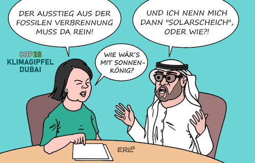 Cartoon: Ringen um Worte (medium) by Erl tagged politik,klima,klimawandel,erderwärmung,co2,reduzierung,ausstieg,fossile,verbrennung,blockade,text,abschlusserklärung,klimagipfel,dubai,vereinigte,arabische,emirate,öl,gas,ölscheich,solarenergie,außenministerin,annalena,baerbock,karikatur,erl,politik,klima,klimawandel,erderwärmung,co2,reduzierung,ausstieg,fossile,verbrennung,blockade,text,abschlusserklärung,klimagipfel,dubai,vereinigte,arabische,emirate,öl,gas,ölscheich,solarenergie,außenministerin,annalena,baerbock,karikatur,erl