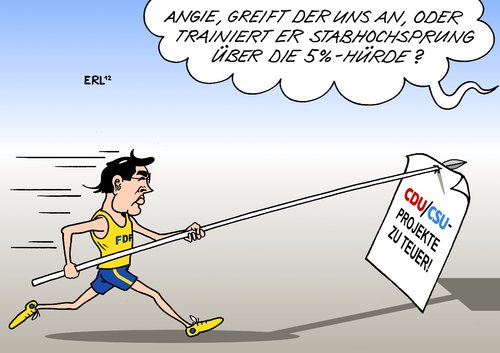 Cartoon: Rösler Kritik (medium) by Erl tagged regierung,koalition,schwarz,gelb,cdu,csu,fdp,partei,vorsitz,philipp,rösler,kritik,union,projekt,teuer,haushalt,sparen,betreuungsgeld,stabhochsprung,fünfprozenthürde,regierung,koalition,schwarz,gelb,cdu,csu,fdp,partei,vorsitz,philipp,rösler,kritik,union,projekt,teuer,haushalt,sparen,betreuungsgeld,stabhochsprung,fünfprozenthürde