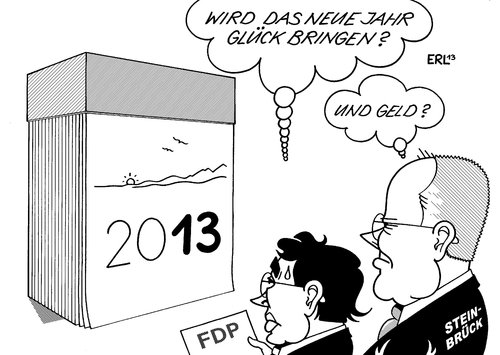 Cartoon: Rösler Steinbrück (medium) by Erl tagged neujahr,jahr,2013,hoffnung,zukunft,glück,geld,fdp,vorsitzender,philipp,rösler,spd,kanzlerkandidat,peer,steinbrück