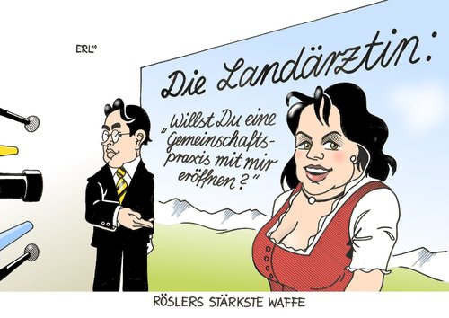 Cartoon: Röslers stärkste Waffe (medium) by Erl tagged rösler,gesundheit,gesundheitsminister,arzt,landarzt,ärzte,landärzte,mangel,landärztin,fernsehen,christine,neubauer,gemeinschaftspraxis,rösler,gesundheit,gesundheitsminister,arzt,landarzt,landärzte,mangel,landärztin,fernsehen,christine neubauer,gemeinschaftspraxis,neubauer,christine