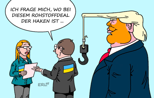 Cartoon: Rohstoffdeal (medium) by Erl tagged politik,krieg,russland,ukraine,verhandlungen,frieden,rohstoffe,deal,usa,trump,haken,karikatur,erl,politik,krieg,russland,ukraine,verhandlungen,frieden,rohstoffe,deal,usa,trump,haken,karikatur,erl