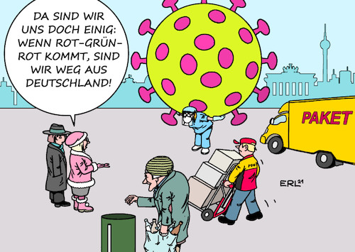 Cartoon: Rot-Grün-Rot (medium) by Erl tagged politik,wahl,bundestagswahl,2021,regierung,koalition,möglichkeit,spd,grüne,linke,rot,grün,r2g,ankündigung,unternehmen,deutschland,auswandern,weggang,verlassen,reichtum,reiche,reich,armut,arme,arm,pflegerinnen,pfleger,paketbotinnen,paketboten,rentnerinnen,rentner,pfandflaschen,flaschensammeln,geringverdiener,niedriglohnsektor,karikatur,erl,politik,wahl,bundestagswahl,2021,regierung,koalition,möglichkeit,spd,grüne,linke,rot,grün,r2g,ankündigung,unternehmen,deutschland,auswandern,weggang,verlassen,reichtum,reiche,reich,armut,arme,arm,pflegerinnen,pfleger,paketbotinnen,paketboten,rentnerinnen,rentner,pfandflaschen,flaschensammeln,geringverdiener,niedriglohnsektor,karikatur,erl