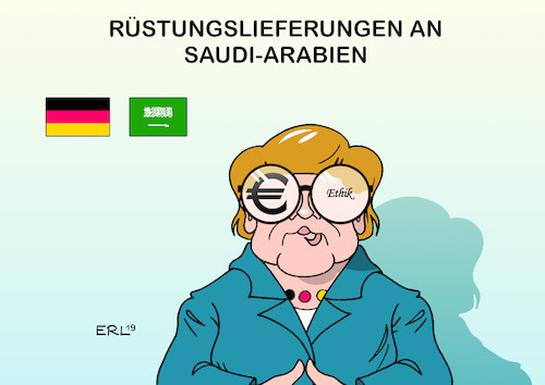 Cartoon: Rüstung an Saudi-Arabien (medium) by Erl tagged politik,deutschland,rüstung,rüstungsexporte,saudi,arabien,krieg,jemen,geld,euro,ethik,moral,bundeskanzlerin,angela,merkel,karikatur,erl,politik,deutschland,rüstung,rüstungsexporte,saudi,arabien,krieg,jemen,geld,euro,ethik,moral,bundeskanzlerin,angela,merkel,karikatur,erl