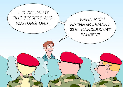 Cartoon: Rüstungsausgaben (medium) by Erl tagged politik,verteidigungsministerin,annegret,kramp,karrenbauer,ankündigung,erhöhung,rüstungsausgaben,zwei,prozent,ziel,nato,bundeswehr,ausrüstung,verbesserung,chancen,kanzlerkandidatur,kanzleramt,bundeskanzlerin,karikatur,erl,politik,verteidigungsministerin,annegret,kramp,karrenbauer,ankündigung,erhöhung,rüstungsausgaben,zwei,prozent,ziel,nato,bundeswehr,ausrüstung,verbesserung,chancen,kanzlerkandidatur,kanzleramt,bundeskanzlerin,karikatur,erl