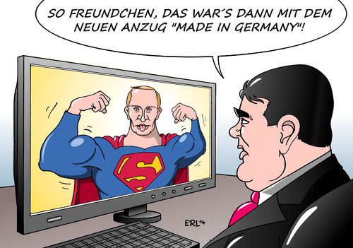 Cartoon: Rüstungsstopp (medium) by Erl tagged ukraine,krise,krieg,separatisten,russland,präsident,putin,sanktionen,rüstung,rüstungsexport,deutschland,gefechtsübungsstand,rüstungsstopp,lieferung,lieferstopp,manöver,drohgebärde,imponiergehabe,säbelrasseln,superman,anzug,made,in,germany,wirtschaftsminister,sigmar,gabriel,ukraine,krise,krieg,separatisten,russland,präsident,putin,sanktionen,rüstung,rüstungsexport,deutschland,gefechtsübungsstand,rüstungsstopp,lieferung,lieferstopp,manöver,drohgebärde,imponiergehabe,säbelrasseln,superman,anzug,made,in,germany,wirtschaftsminister,sigmar,gabriel