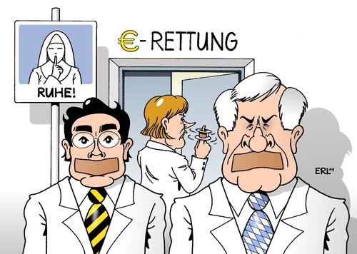 Cartoon: Ruhe (medium) by Erl tagged euro,schulden,krise,griechenland,regierung,deutschland,schwarz,gelb,cdu,csu,fdp,merkel,seehofer,rösler,diskussion,meinung,unruhe,streit,gefährdung,rettung,maulkorb,pflaster,arzt,krankenhaus,ruhe,schulden,euro,griechenland,regierung,deutschland,cdu,fdp