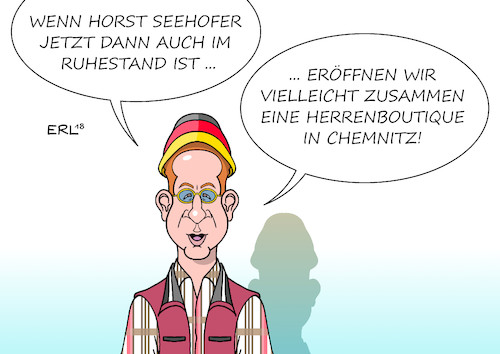 Cartoon: Ruhestand (medium) by Erl tagged politik,verfassungsschutz,chef,hans,georg,maaßen,interview,chemnitz,rechtsextremismus,hetzjagden,relativierung,rechtspopulismus,afd,nähe,zweifel,aussage,bundeskanzlerin,angela,merkel,cdu,unterstützung,innenminister,horst,seehofer,csu,spd,andrea,nahles,bedingung,koalition,entlassung,beförderung,staatssekretär,innenministerium,kehrtwende,posten,berater,nachtreten,rede,ruhestand,eröffnung,herrenboutique,sketch,loriot,karikatur,erl,politik,verfassungsschutz,chef,hans,georg,maaßen,interview,chemnitz,rechtsextremismus,hetzjagden,relativierung,rechtspopulismus,afd,nähe,zweifel,aussage,bundeskanzlerin,angela,merkel,cdu,unterstützung,innenminister,horst,seehofer,csu,spd,andrea,nahles,bedingung,koalition,entlassung,beförderung,staatssekretär,innenministerium,kehrtwende,posten,berater,nachtreten,rede,ruhestand,eröffnung,herrenboutique,sketch,loriot,karikatur,erl