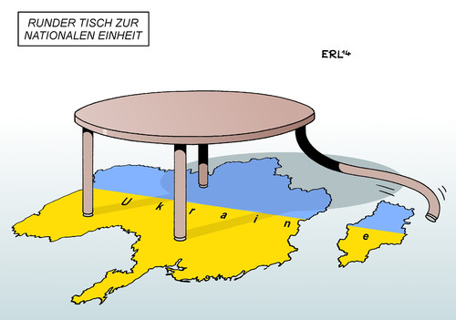 Cartoon: Runder Tisch (medium) by Erl tagged ukraine,konflikt,auseinanderbrechen,ostukraine,separatisten,prorussisch,russland,osze,eu,usa,runder,tisch,nationale,einheit,ukraine,konflikt,auseinanderbrechen,ostukraine,separatisten,prorussisch,russland,osze,eu,usa,runder,tisch,nationale,einheit