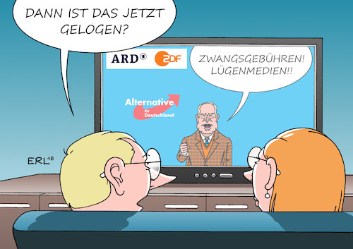 Cartoon: Rundfunkgebühren (medium) by Erl tagged politik,medien,recht,justiz,bundesverfassungsgericht,karlsruhe,urteil,rundfunkgebühren,verfassungsgemäß,radieo,fernsehen,ard,zdf,deutschlandradio,nachrichten,information,vorwurf,zwangsgebühren,nähe,regierung,abhängigkeit,steuerung,afd,rechtspopulismus,lügenmedien,lüge,wahrheit,unabhängigkeit,öffentlich,rechtlich,privat,werbung,karikatur,erl,politik,medien,recht,justiz,bundesverfassungsgericht,karlsruhe,urteil,rundfunkgebühren,verfassungsgemäß,radieo,fernsehen,ard,zdf,deutschlandradio,nachrichten,information,vorwurf,zwangsgebühren,nähe,regierung,abhängigkeit,steuerung,afd,rechtspopulismus,lügenmedien,lüge,wahrheit,unabhängigkeit,öffentlich,rechtlich,privat,werbung,karikatur,erl