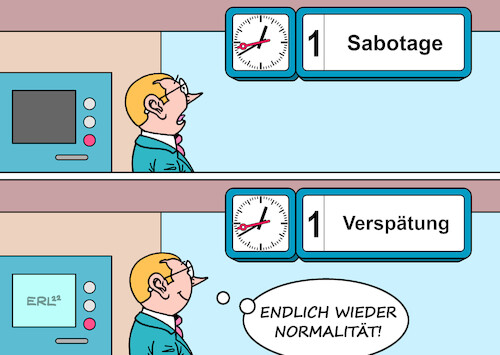 Cartoon: Sabotage Bahn (medium) by Erl tagged politik,deutsche,bahn,sabotage,zug,ausfall,zugausfall,norddeutschland,normalität,normalfall,alltag,verspätung,bahnhof,karikatur,erl,politik,deutsche,bahn,sabotage,zug,ausfall,zugausfall,norddeutschland,normalität,normalfall,alltag,verspätung,bahnhof,karikatur,erl