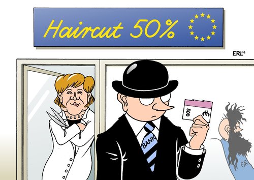 Cartoon: Salon Angela (medium) by Erl tagged euro,krise,schulden,griechenland,eu,gipfel,schuldenschnitt,haircut,50,prozent,bank,banken,bundeskanzlerin,angela,merkel,verhandlungen,friseur,schere,euro,krise,schulden,griechenland,eu,gipfel,schuldenschnitt,prozent,bank,banken,bundeskanzlerin,merkel,verhandlungen