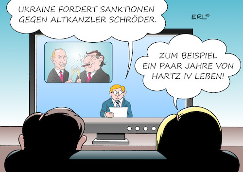 Cartoon: Sanktionen gegen Schröder (medium) by Erl tagged politik,altkanzler,gerhard,schröder,freundschaft,russland,präsident,wladimir,putin,ukraine,forderung,sanktionen,vorwurf,lobbyismus,gas,energie,pipeline,projekt,posten,rosneft,gazprom,energiekonzern,geld,bundeskanzler,einführung,arbeitslosengeld,hartz,iv,armut,kürzung,überwachung,arbeitslosigkeit,karikatur,erl,politik,altkanzler,gerhard,schröder,freundschaft,russland,präsident,wladimir,putin,ukraine,forderung,sanktionen,vorwurf,lobbyismus,gas,energie,pipeline,projekt,posten,rosneft,gazprom,energiekonzern,geld,bundeskanzler,einführung,arbeitslosengeld,hartz,iv,armut,kürzung,überwachung,arbeitslosigkeit,karikatur,erl