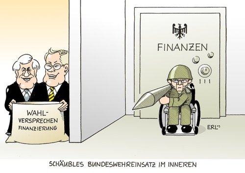 Cartoon: Schäuble (medium) by Erl tagged schäuble,finanzminister,koalitionsvertrag,cdu,csu,fdp,steuergeschenke,finanzierung,innenminister,bundeswehr,einsatz,inland,wolfgang schäuble,finanzminister,finanzen,koalitionsvertrag,cdu,csu,fdp,steuergeschenke,finanzierung,innenminister,bundeswehr,einsatz,inland,wolfgang,schäuble