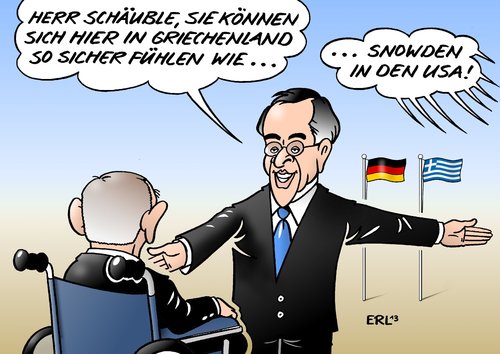 Cartoon: Schäuble in Griechenland (medium) by Erl tagged bundesfinanzminister,wolfgang,schäuble,deutschland,besuch,griechenland,ministerpräsident,samaras,krise,euro,schulden,finanzen,hilfe,eu,ezb,iwf,sparauflagen,sparkurs,griechen,zorn,wut,geheimdienst,nsa,abhörskandal,veröffentlichung,edward,snowden,verfolgung,asyl,russland,bundesfinanzminister,wolfgang,schäuble,deutschland,besuch,griechenland,ministerpräsident,samaras,krise,euro,schulden,finanzen,hilfe,eu,ezb,iwf,sparauflagen,sparkurs,griechen,zorn,wut,geheimdienst,nsa,abhörskandal,veröffentlichung,edward,snowden,verfolgung,asyl,russland