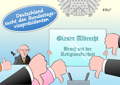 Cartoon: Schäuble Stellvertreter (medium) by Erl tagged bundestagswahl,wahl,2017,bundestag,neu,konstituierende,sitzung,bundestagspräsident,wolfgang,schäuble,bundestagsvizepräsident,kandidat,afd,albrecht,glaser,islam,aberkennung,religionsfreiheit,bruch,grundgesetz,ablehnung,cdu,csu,spd,fdp,grüne,linke,dsds,deutschland,sucht,den,superstar,karikatur,erl,bundestagswahl,wahl,2017,bundestag,neu,konstituierende,sitzung,bundestagspräsident,wolfgang,schäuble,bundestagsvizepräsident,kandidat,afd,albrecht,glaser,islam,aberkennung,religionsfreiheit,bruch,grundgesetz,ablehnung,cdu,csu,spd,fdp,grüne,linke,dsds,deutschland,sucht,den,superstar,karikatur,erl