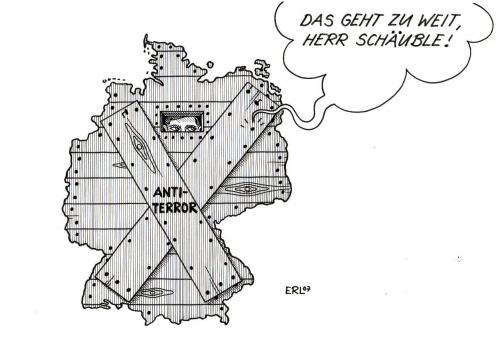 Cartoon: Schäuble und Köhler (medium) by Erl tagged antiterror,schäuble,sicherheit,terrorismus,staatsüberwachung,antiterror,terrorschutz,staatssicherheit,angstpolitik,angstmacherei,panikmache,geheimdienste,bundesnachrichtendienst,kriminalisierung,sicherheitsübertreibung,bedrohung,alqaida,osama bin laden,radikal,bundesinnenminister,terrordebatte,anschläge,stasivergleich,osama,bin,laden