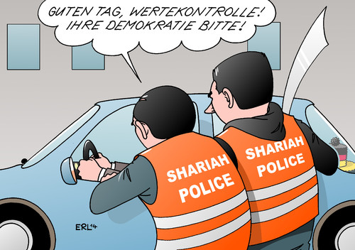 Cartoon: Scharia-Polizei (medium) by Erl tagged scharia,polizei,shariah,police,wuppertal,patrouille,streife,islam,islamismus,recht,gesetz,demokratie,werte,rechtsstaat,kontrolle,verkehrskontrolle,scharia,polizei,shariah,police,wuppertal,patrouille,streife,islam,islamismus,recht,gesetz,demokratie,werte,rechtsstaat,kontrolle,verkehrskontrolle