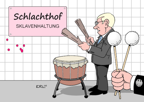 Cartoon: Schlachthof (medium) by Erl tagged politik,lebensmittel,industrie,fleisch,schlachtbetrieb,schlachthof,arbeiter,subunternehmer,lohndumping,sklaven,sklavenhaltung,galeere,trommel,schlägel,verbesserung,bundeskabinett,missstände,corona,virus,pandemie,hotspot,karikatur,erl,politik,lebensmittel,industrie,fleisch,schlachtbetrieb,schlachthof,arbeiter,subunternehmer,lohndumping,sklaven,sklavenhaltung,galeere,trommel,schlägel,verbesserung,bundeskabinett,missstände,corona,virus,pandemie,hotspot,karikatur,erl