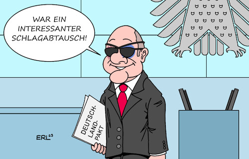 Cartoon: Schlagabtausch im Bundestag (medium) by Erl tagged politik,bundestag,debatte,generaldebatte,schlagabtausch,opposition,regierung,ampel,bundeskanzler,olaf,scholz,augenklappe,sturz,joggen,deutschlandpakt,karikatur,erl,politik,bundestag,debatte,generaldebatte,schlagabtausch,opposition,regierung,ampel,bundeskanzler,olaf,scholz,augenklappe,sturz,joggen,deutschlandpakt,karikatur,erl