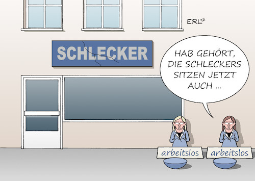 Cartoon: Schlecker (medium) by Erl tagged schlecker,drogeriemarkt,ausbeutung,mitarbeiterinnen,mitarbeiter,insolvenz,insolvenzverschleppung,vermögen,privatvermögen,gericht,gerichtsverfahren,prozess,urteil,haftstrafe,haft,gefängnis,bewährung,sitzen,straße,arbeitslosigkeit,wirtschaft,geld,handel,justiz,karikatur,erl,schlecker,drogeriemarkt,ausbeutung,mitarbeiterinnen,mitarbeiter,insolvenz,insolvenzverschleppung,vermögen,privatvermögen,gericht,gerichtsverfahren,prozess,urteil,haftstrafe,haft,gefängnis,bewährung,sitzen,straße,arbeitslosigkeit,wirtschaft,geld,handel,justiz,karikatur,erl