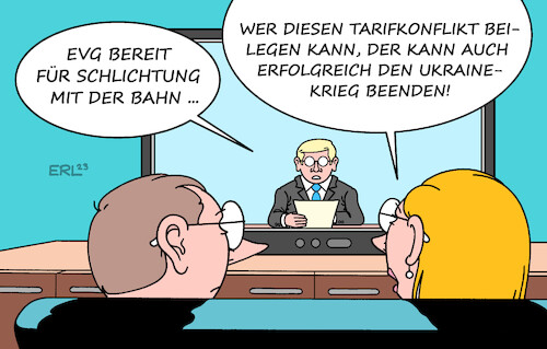 Cartoon: Schlichtung (medium) by Erl tagged politik,tarifverhandlungen,gewerkschaft,verkehr,evg,bahn,warnstreik,streik,urabstimmung,schlichtung,vermittlung,meisterstück,frieden,krieg,angriff,überfall,russland,ukraine,fernsehen,karikatur,erl,politik,tarifverhandlungen,gewerkschaft,verkehr,evg,bahn,warnstreik,streik,urabstimmung,schlichtung,vermittlung,meisterstück,frieden,krieg,angriff,überfall,russland,ukraine,fernsehen,karikatur,erl