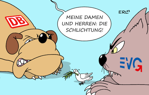 Cartoon: Schlichtung (medium) by Erl tagged politik,verkehr,bahn,tarifverhandlungen,evg,gewerkschaft,scheitern,warnstreik,streik,schlichtung,ergebnis,hund,katze,taube,friedenstaube,karikatur,erl,politik,verkehr,bahn,tarifverhandlungen,evg,gewerkschaft,scheitern,warnstreik,streik,schlichtung,ergebnis,hund,katze,taube,friedenstaube,karikatur,erl