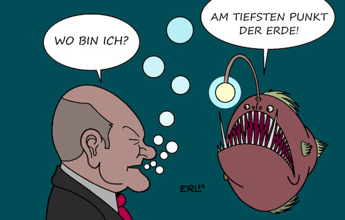 Cartoon: Scholz (medium) by Erl tagged politik,ampel,bundeskanzler,olaf,scholz,umfragetief,umfragen,beliebtheit,tiefpunkt,rekord,erde,marianengraben,tiefsee,anglerfisch,fisch,karikatur,erl,politik,ampel,bundeskanzler,olaf,scholz,umfragetief,umfragen,beliebtheit,tiefpunkt,rekord,erde,marianengraben,tiefsee,anglerfisch,fisch,karikatur,erl