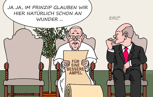 Cartoon: Scholz beim Papst (medium) by Erl tagged politik,bundeskanzler,olaf,scholz,besuch,vatikan,audienz,papst,bundesregierung,ampel,spd,grüne,fdp,umfragetief,regierungsarbeit,kommunikation,verbesserung,fürbitten,gebet,wunder,karikatur,erl,politik,bundeskanzler,olaf,scholz,besuch,vatikan,audienz,papst,bundesregierung,ampel,spd,grüne,fdp,umfragetief,regierungsarbeit,kommunikation,verbesserung,fürbitten,gebet,wunder,karikatur,erl