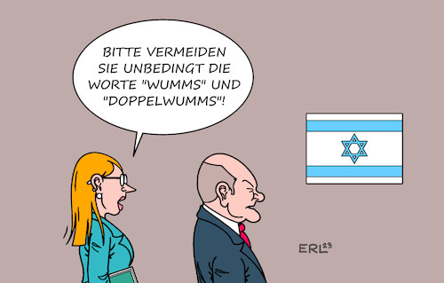 Cartoon: Scholz in Israel (medium) by Erl tagged politik,terror,überfall,mord,entführung,hamas,israel,plan,bodenoffensive,gaza,bundeskanzler,olaf,scholz,besuch,reden,worte,wortschöpfung,wumms,doppelwumms,takt,feingefühl,karikatur,erl,politik,terror,überfall,mord,entführung,hamas,israel,plan,bodenoffensive,gaza,bundeskanzler,olaf,scholz,besuch,reden,worte,wortschöpfung,wumms,doppelwumms,takt,feingefühl,karikatur,erl