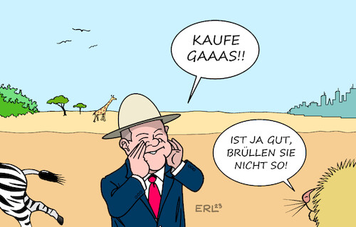 Cartoon: Scholz in Nigeria (medium) by Erl tagged politik,krieg,russland,ukraine,energie,energiekrise,gas,erdgas,flüssiggas,bundesregierung,ampel,erschließung,energielieferanten,afriak,nigeria,bundeskanzler,olaf,scholz,besuch,giraffe,zebra,löwe,stadt,karikatur,erl,politik,krieg,russland,ukraine,energie,energiekrise,gas,erdgas,flüssiggas,bundesregierung,ampel,erschließung,energielieferanten,afriak,nigeria,bundeskanzler,olaf,scholz,besuch,giraffe,zebra,löwe,stadt,karikatur,erl