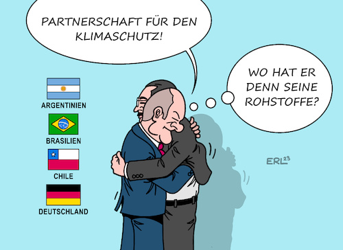 Cartoon: Scholz in Südamerika (medium) by Erl tagged politik,bundeskanzler,olaf,scholz,reise,südamerika,argentinien,chile,brasilien,partnerschaft,handel,klimaschutz,rohstoffe,seltene,erden,lithium,energiewende,klimaneutral,karikatur,erl,politik,bundeskanzler,olaf,scholz,reise,südamerika,argentinien,chile,brasilien,partnerschaft,handel,klimaschutz,rohstoffe,seltene,erden,lithium,energiewende,klimaneutral,karikatur,erl