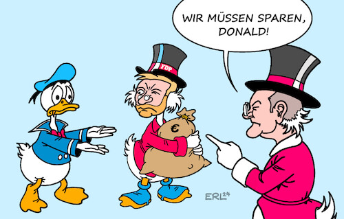 Cartoon: Scholz und Lindner (medium) by Erl tagged politik,bundesregierung,ampel,spd,grüne,fdp,haushalt,ministerien,geld,forderung,finanzminister,christian,lindner,sparkurs,sparen,unterstützung,bundeskanzler,olaf,scholz,onkel,dagobert,donald,duck,karikatur,erl,politik,bundesregierung,ampel,spd,grüne,fdp,haushalt,ministerien,geld,forderung,finanzminister,christian,lindner,sparkurs,sparen,unterstützung,bundeskanzler,olaf,scholz,onkel,dagobert,donald,duck,karikatur,erl