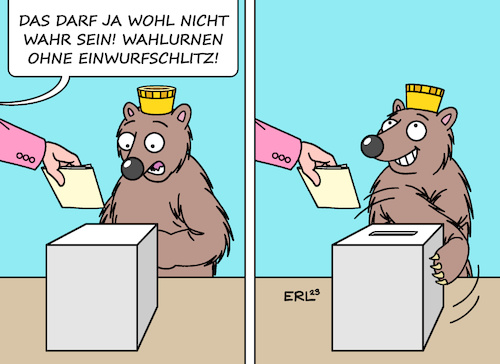 Cartoon: Schrecksekunde in Berlin (medium) by Erl tagged politik,demokratie,wahl,berlin,abgeordnetenhaus,2021,chaos,stimmzettel,öffnungszeiten,gericht,urteil,wiederholung,12,februar,2023,berliner,bär,vorbereitung,taste,wahlwiederholung,wahlurne,nervosität,karikatur,erl,politik,demokratie,wahl,berlin,abgeordnetenhaus,2021,chaos,stimmzettel,öffnungszeiten,gericht,urteil,wiederholung,12,februar,2023,berliner,bär,vorbereitung,taste,wahlwiederholung,wahlurne,nervosität,karikatur,erl