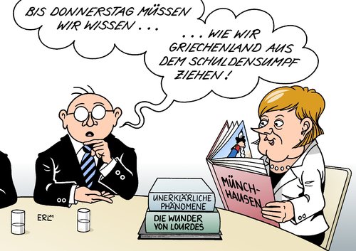 Cartoon: Schuldensumpf (medium) by Erl tagged griechenland,schulden,krise,euro,gipfel,eu,bundeskanzlerin,angela,merkel,wunder,münchhausen,sumpf,zopf,griechenland,schulden,krise,euro,gipfel,eu,bundeskanzlerin,angela merkel,münchhausen,sumpf,angela,merkel