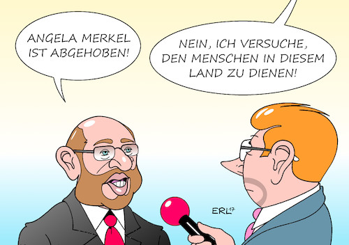 Cartoon: Schulz Merkel (medium) by Erl tagged spd,kanzlerkandidat,martin,schulz,bundestagswahl,wahl,wahlkampf,interview,bundeskanzlerin,angela,merkel,cdu,abgehobenheit,distanz,menschen,land,probleme,dienen,karikatur,erl,spd,kanzlerkandidat,martin,schulz,bundestagswahl,wahl,wahlkampf,interview,bundeskanzlerin,angela,merkel,cdu,abgehobenheit,distanz,menschen,land,probleme,dienen,karikatur,erl