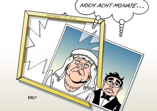 Cartoon: Schwarz-Gelb (medium) by Erl tagged regierung,koalition,cdu,csu,fdp,schwarz,gelb,stillstand,uneinigkeit,projekt,thema,gemeinsamkeit,ehe,hochzeit,hochzeitsfoto,rahmen,bundeskanzlerin,angela,merkel,vizekanzler,wirtschaftsminister,philipp,rösler,partei,vorsitz,regierung,koalition,cdu,csu,fdp,schwarz,gelb,stillstand,uneinigkeit,projekt,thema,gemeinsamkeit,ehe,hochzeit,hochzeitsfoto,rahmen,bundeskanzlerin,angela,merkel,vizekanzler,wirtschaftsminister,philipp,rösler,partei,vorsitz