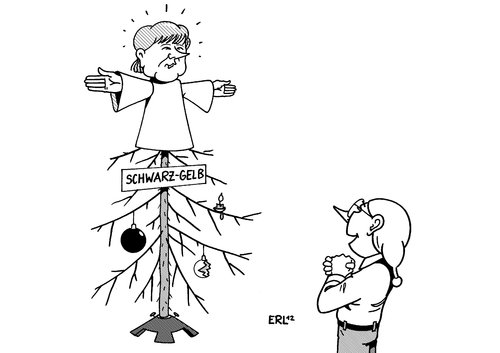 Cartoon: Schwarz-gelber Engel (medium) by Erl tagged bundeskanzlerin,angela,merkel,umfragewerte,beliebtheit,regierung,koalition,schwarz,gelb,cdu,csu,fdp,bilanz,schlecht,weihnachten,weihnachtsbaum,christbaum,weihnachtsengel,engel,jahresendflügelpuppe