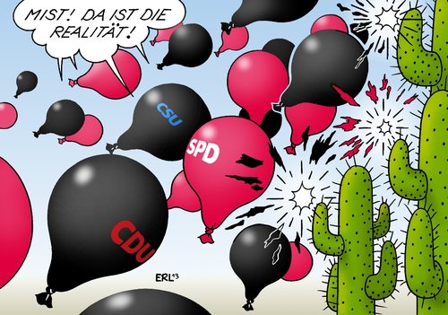 Cartoon: Schwarz-Rot Realität (medium) by Erl tagged koalitionsverhandlungen,koalition,regierungsbildung,regierung,cdu,csu,spd,wünsche,wahlversprechen,geschenke,forderungen,finanzierung,realität,luftballon,kaktus,platzen,träume,koalition